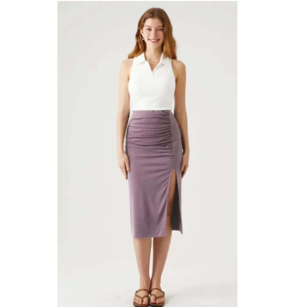 Ruching Slit Midi Skirt - Medium Taro Purple - Picture 2 of 6